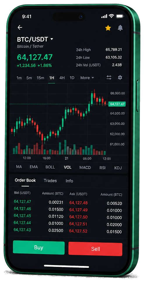 Impetu Gainvero mobile trading platform — live BTC/USDT chart, order book and buy/sell interface